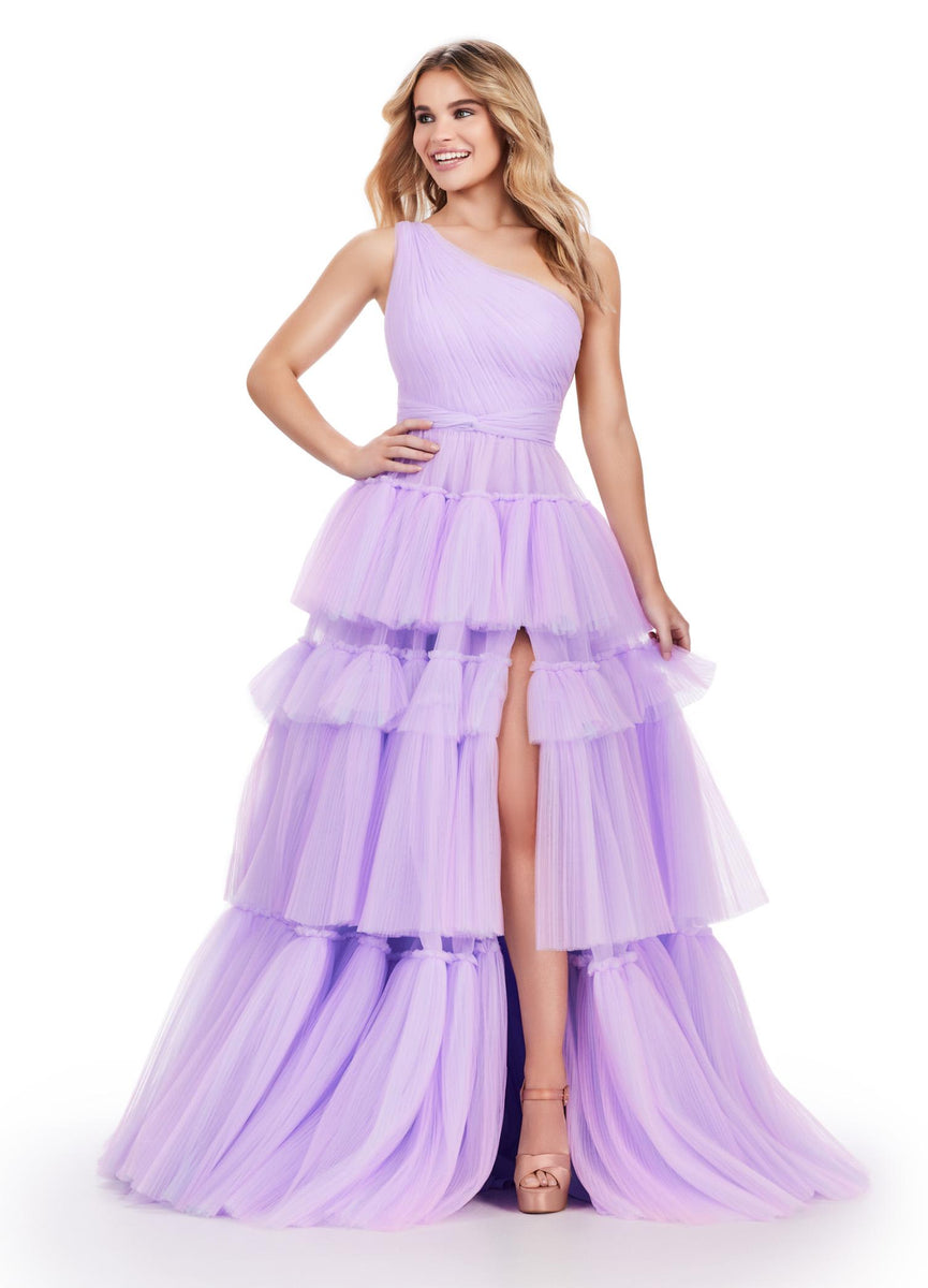 ASHLEYlauren 11619 One Shoulder Tiered Tulle Gown