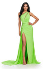 Lime ASHLEYlauren 11539 One Shoulder Jersey Gown with Crystal Accents, Lace Up Back, Cut Outs, and Dramatic Side Skirt