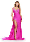 Magenta ASHLEYlauren 11579 Unique Jersey Gown with Illusion V-Neckline, Sparkling Press On Stones, Flowing Side Skirt, and Left Leg Slit