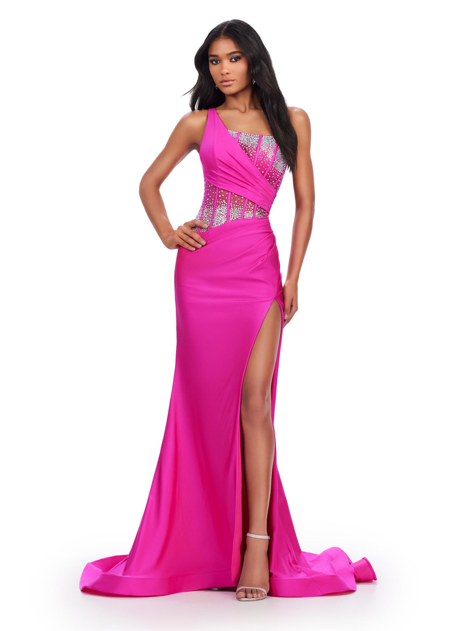 Magenta ASHLEYlauren 11617 Elegant One Shoulder Jersey Gown with Glamorous Beaded Corset Bustier, Ruched Hip Detail, and Left Leg Slit