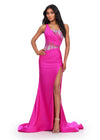 Magenta ASHLEYlauren 11617 Elegant One Shoulder Jersey Gown with Glamorous Beaded Corset Bustier, Ruched Hip Detail, and Left Leg Slit