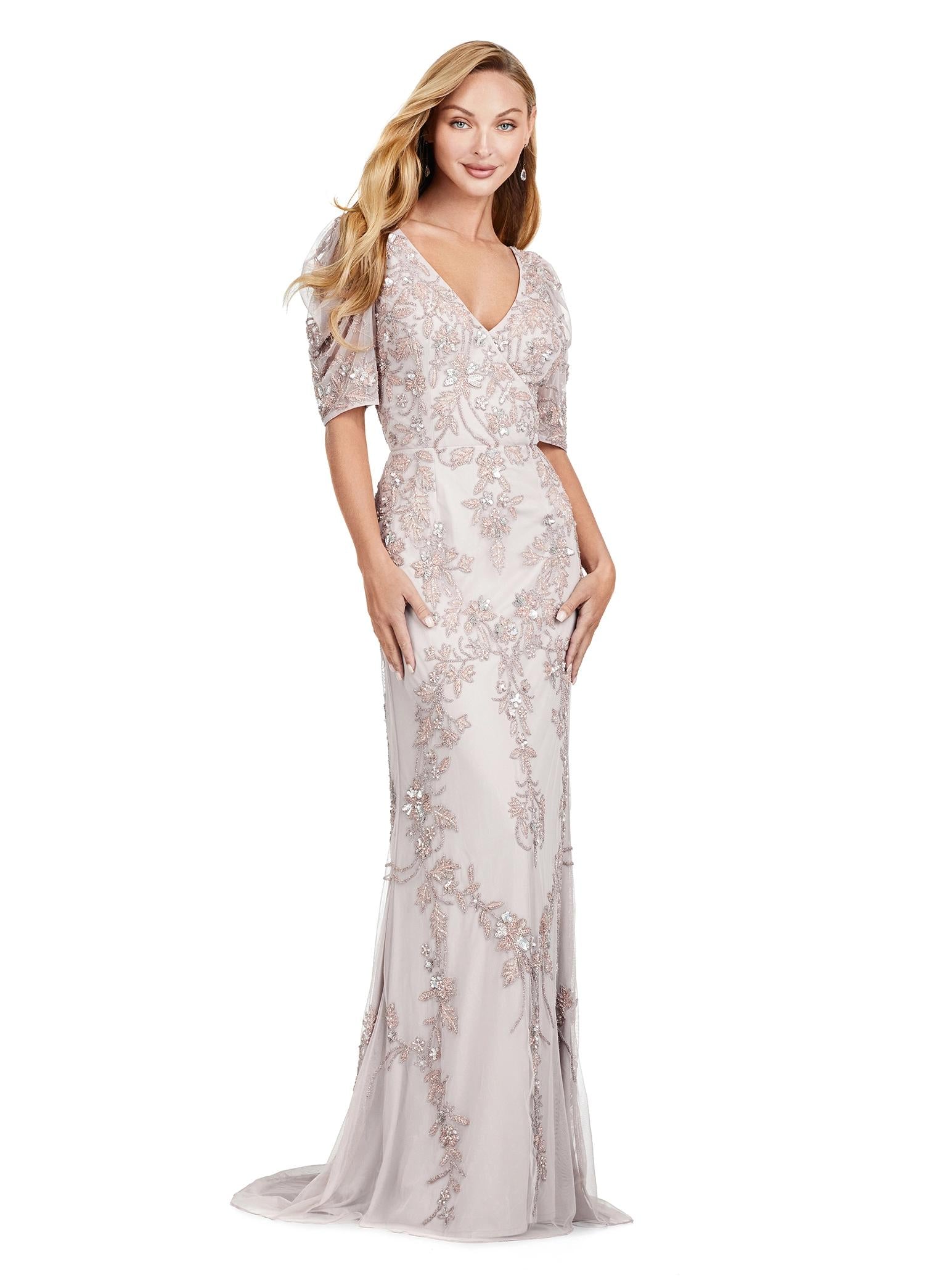 Marble ASHLEYlauren 11234 Elegant Fully Beaded Gown with V-Neckline, Wrap Style Bustier, and Sheer Ruffled Puff Mesh Sleeves
