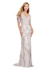 Marble ASHLEYlauren 11234 Elegant Fully Beaded Gown with V-Neckline, Wrap Style Bustier, and Sheer Ruffled Puff Mesh Sleeves