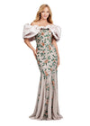 Marble ASHLEYlauren 11433 Show-Stopping Fully Beaded Gown with Dramatic Off Shoulder Taffeta Puff Sleeves and Glamorous Silhouette