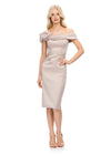 Marble ASHLEYlauren 4735 Mid-Length Off Shoulder Satin Dress with Ruffled Neckline, Elegant Beaded Accents at the Waist, and Fitted Skirt Silhouette