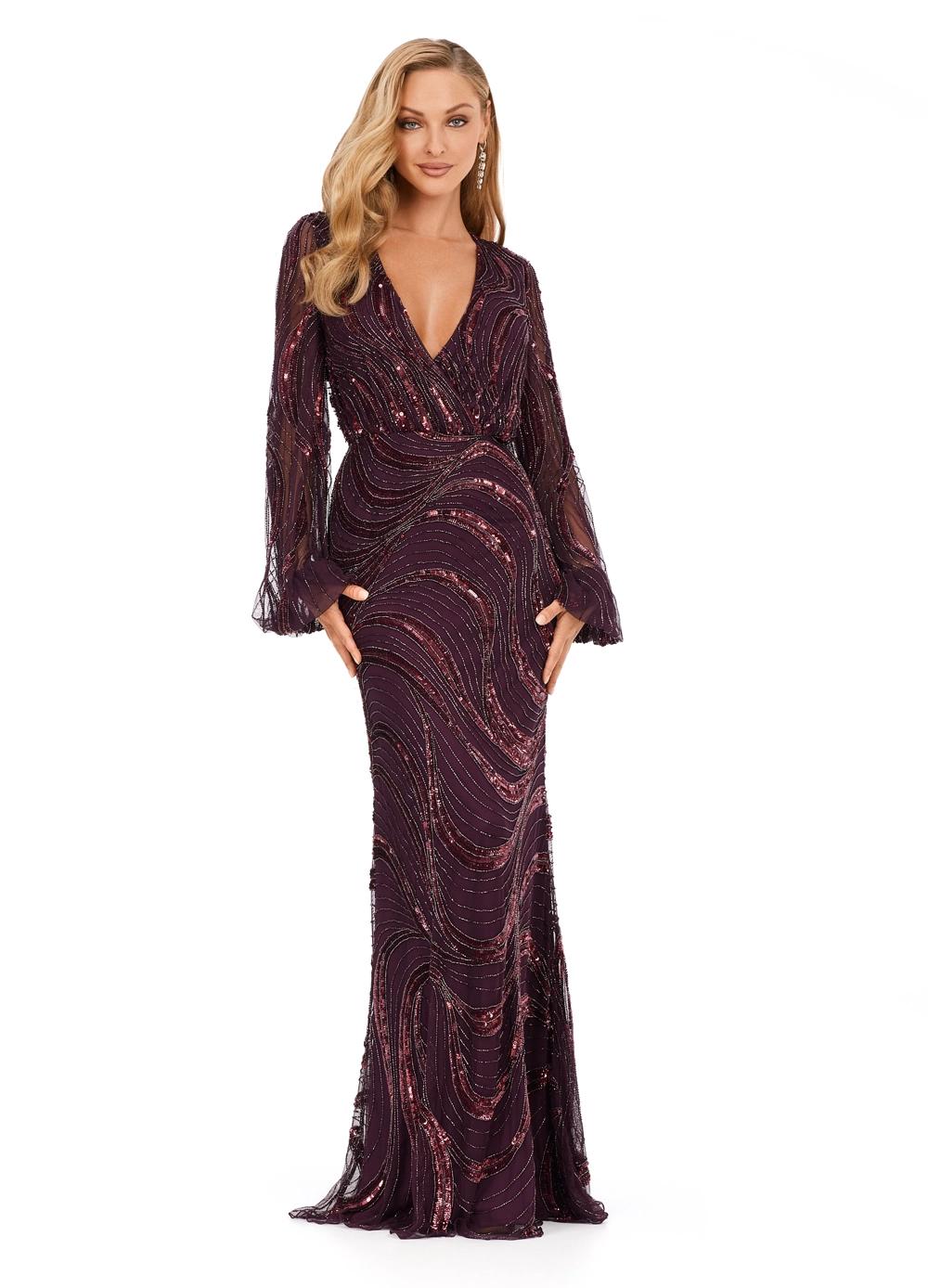 Merlot ASHLEYlauren 11210 Modern Hand Beaded Gown with V-Neckline, Flowing Balloon Sleeves, Intricate Bead Motif, and High Back