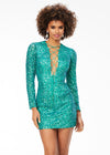 Mint ASHLEYlauren 4512 fully sequin hand-beaded cocktail dress featuring a lace-up bustier, long sleeves, and a fitted skirt for a bold and glamorous look.