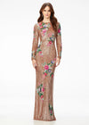 Multi ASHLEYlauren 11203 fully beaded gown featuring a high crew neckline, long sleeves, and an ornately beaded cascading floral pattern with a back vent for an elegant and sophisticated look.
