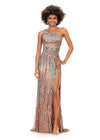 Multi ASHLEYlauren 11372 striking one shoulder gown featuring an intricate Aztec-inspired hand-beaded design with vibrant turquoise accents, an open back, and a left leg slit for a bold and show-stopping statement look.