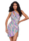 Multi ASHLEYlauren 4683 fully beaded cocktail dress featuring a one shoulder neckline, intricate colorful bead pattern, cut out detail, fitted silhouette, and a left leg slit for a bold and glamorous look.