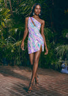 Multi ASHLEYlauren 4683 fully beaded cocktail dress featuring a one shoulder neckline, intricate colorful bead pattern, cut out detail, fitted silhouette, and a left leg slit for a bold and glamorous look.