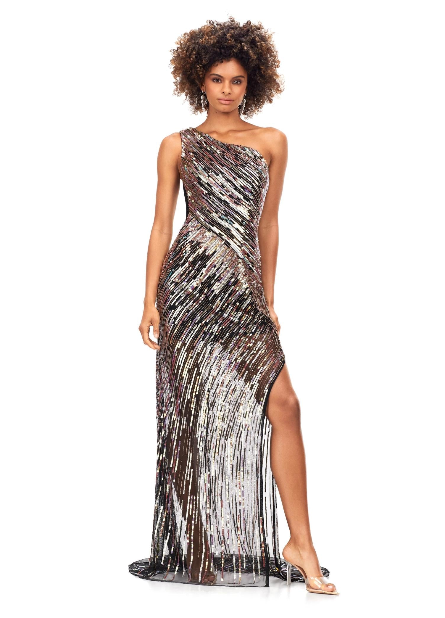 Multi/Black ASHLEYlauren 11207 One-Shoulder Sequin Gown with Asymmetrical Wrap Bead Pattern, Illusion Cut-Out, Slit, and Sweep Train