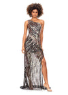 Multi/Black ASHLEYlauren 11207 One-Shoulder Sequin Gown with Asymmetrical Wrap Bead Pattern, Illusion Cut-Out, Slit, and Sweep Train