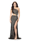 Multi/Black ASHLEYlauren 11240 fully hand-beaded one shoulder gown featuring an intricate bead pattern designed to accentuate curves, a bold cut out detail, and a left leg slit for a striking and glamorous look.
