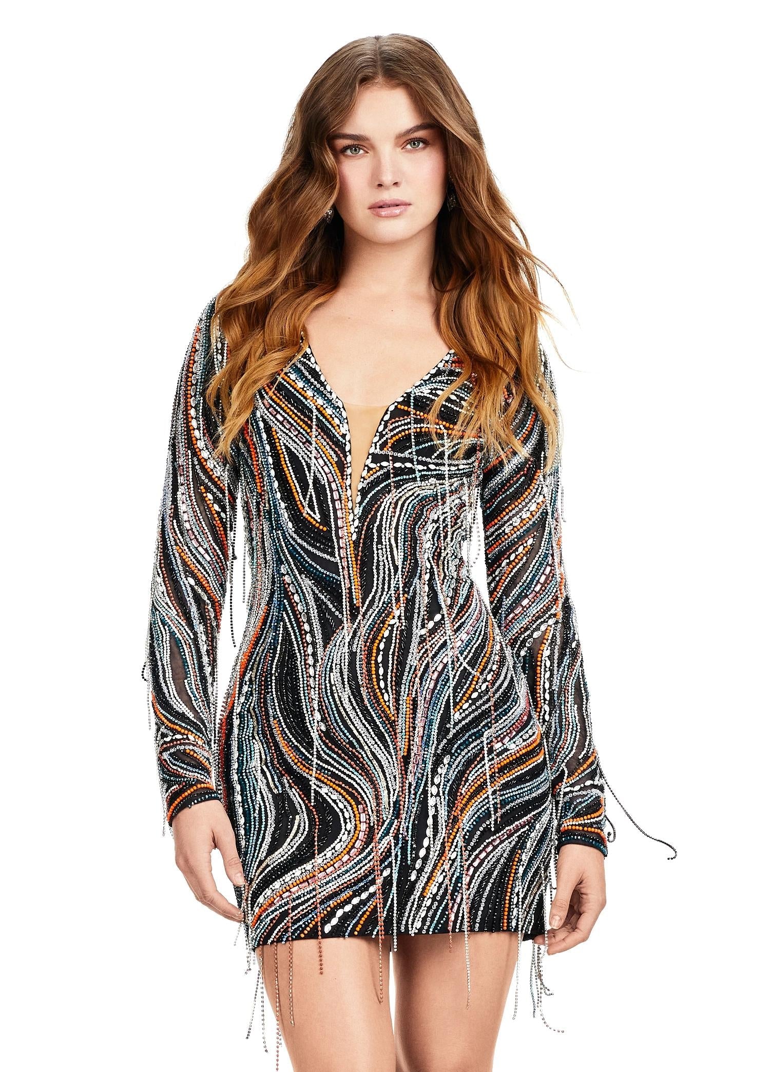 Multi/Black ASHLEYlauren 4658 fully beaded cocktail dress featuring a plunging V-neckline, long sleeves, and fringe details for a bold and regal statement look.