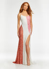 Multi/Ivory ASHLEYlauren 11160 Sequin Gown with Spaghetti Straps, Colorblock Detailing, Left Leg Slit, and Two-Tone Lace-Up Strappy Back