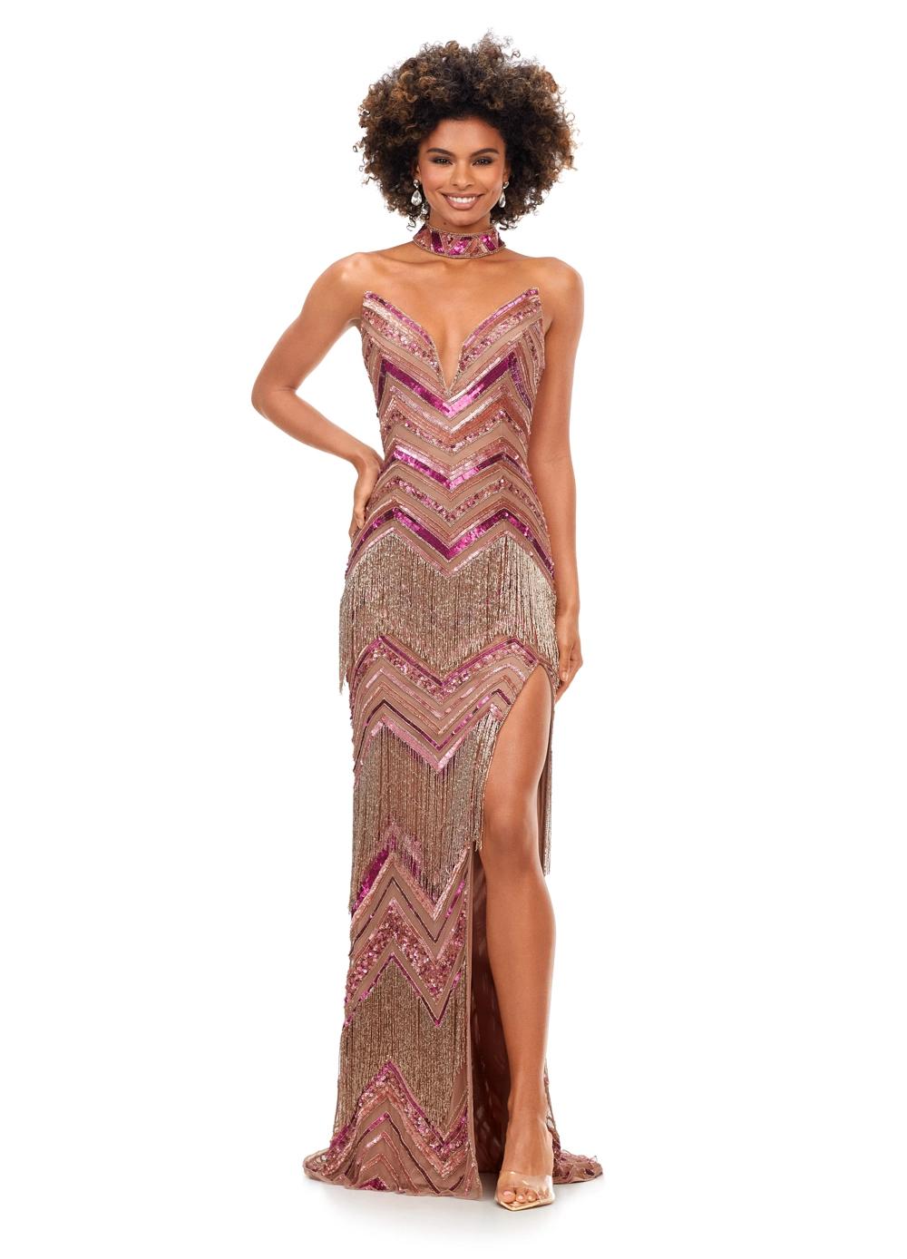 Multi/Nude ASHLEYlauren 11259 art deco-inspired gown featuring a strapless bustier with built-in corset, intricate bead pattern, cascading fringe accents, left leg slit, and a beaded neck collar for a striking and elegant look.