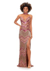 Multi/Nude ASHLEYlauren 11259 art deco-inspired gown featuring a strapless bustier with built-in corset, intricate bead pattern, cascading fringe accents, left leg slit, and a beaded neck collar for a striking and elegant look.
