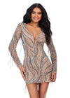 Multi/Nude ASHLEYlauren 4658 fully beaded cocktail dress featuring a plunging V-neckline, long sleeves, and fringe details for a bold and regal statement look.