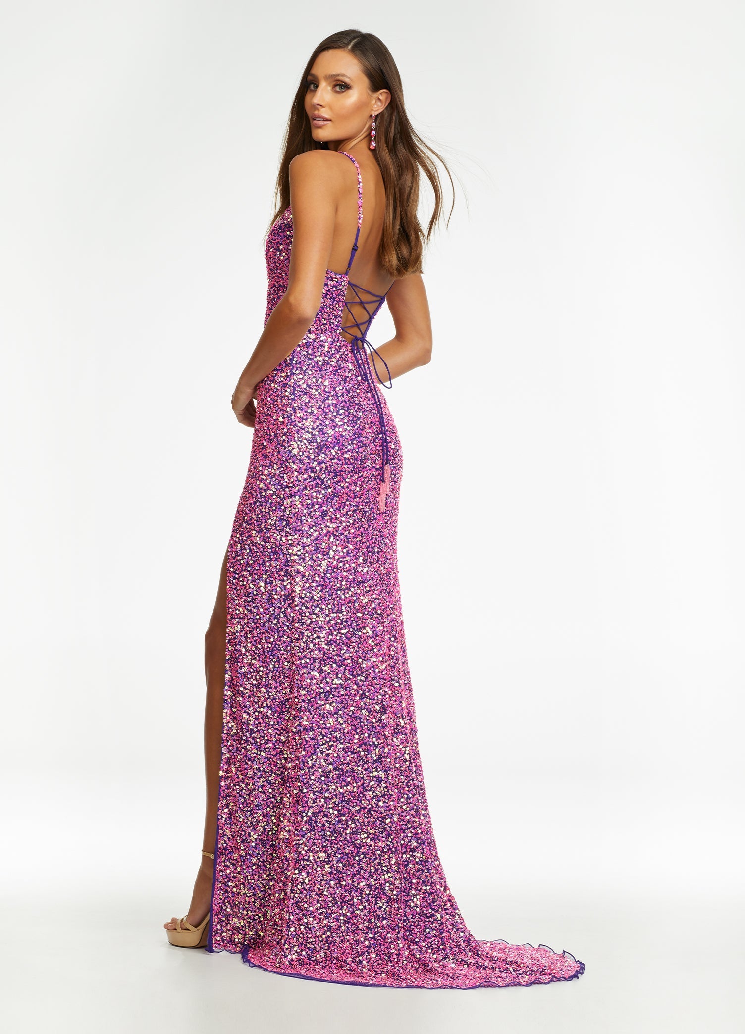 Multi/Purple ASHLEYlauren 11037 fully hand-beaded gown featuring adjustable spaghetti straps, a V-neckline, wide waistband to accentuate curves, lace-up back, and a left leg slit for an elegant and figure-enhancing look. Back