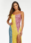 Multi/Yellow ASHLEYlauren 11160 Sequin Gown with Spaghetti Straps, Colorblock Detailing, Left Leg Slit, and Two-Tone Lace-Up Strappy Back