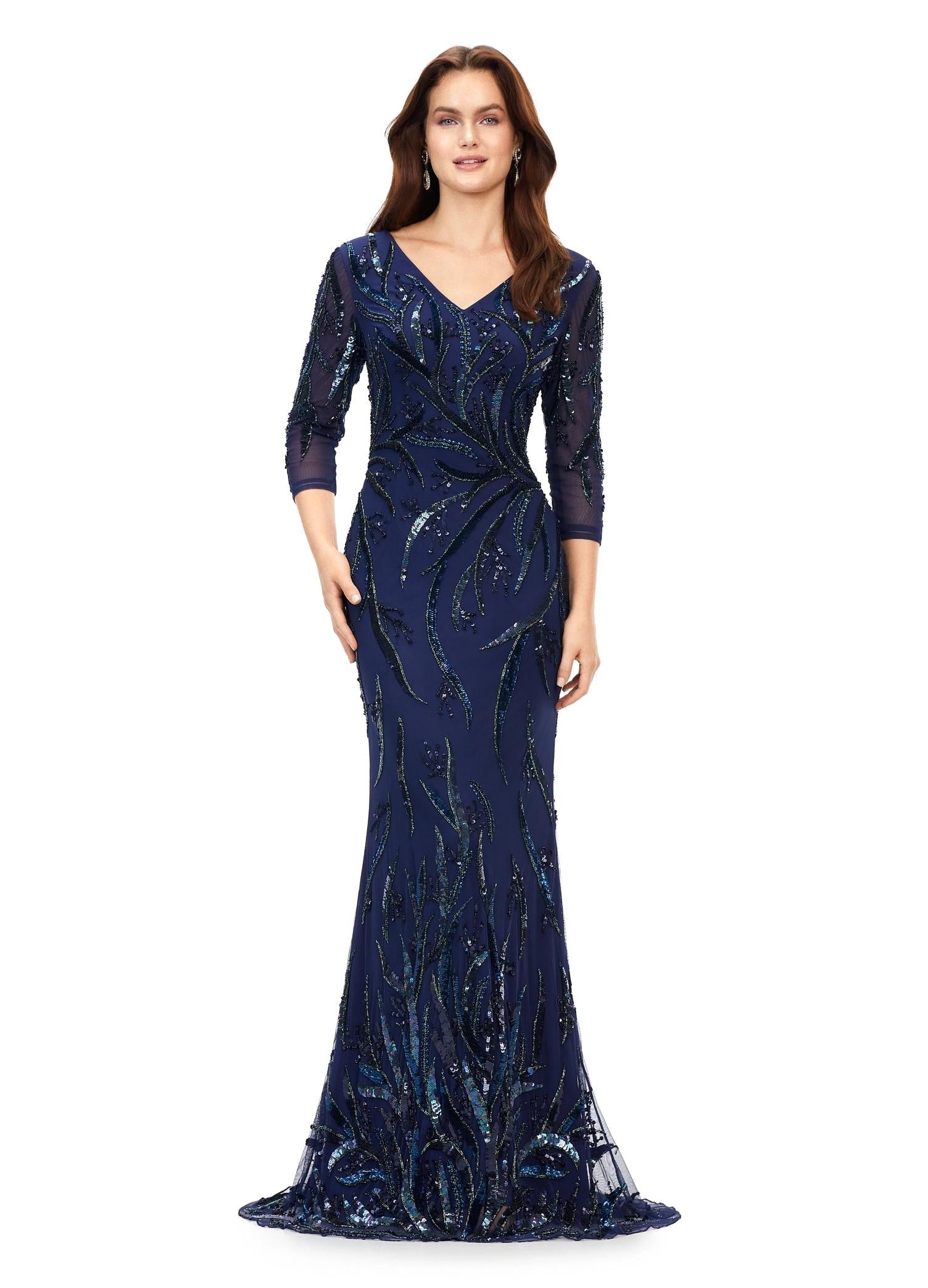 Navy ASHLEYlauren 11205 Sophisticated Fitted Gown with V-Neckline, Fully Sequin Beaded Design, Three Quarter Sleeves, High Back, and Sweep Train