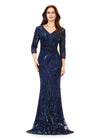 Navy ASHLEYlauren 11205 Sophisticated Fitted Gown with V-Neckline, Fully Sequin Beaded Design, Three Quarter Sleeves, High Back, and Sweep Train