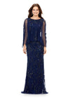 Navy ASHLEYlauren 11214 Timeless Hand Beaded Gown with Crew Neckline, Sparkling Sequin Motif, Sheer Overlay, and High Back for an Elegant Look