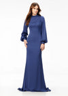 Navy ASHLEYlauren 11219 – An ultra-glamorous high neckline crepe gown featuring balloon sleeves, contoured seaming for a perfect silhouette, an exposed zipper back, and a sweeping train. Ideal for making a sophisticated statement at any event.
