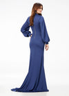 Back - Navy ASHLEYlauren 11219 – An ultra-glamorous high neckline crepe gown featuring balloon sleeves, contoured seaming for a perfect silhouette, an exposed zipper back, and a sweeping train. Ideal for making a sophisticated statement at any event.
