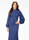 Navy ASHLEYlauren 11219 – An ultra-glamorous high neckline crepe gown featuring balloon sleeves, contoured seaming for a perfect silhouette, an exposed zipper back, and a sweeping train. Ideal for making a sophisticated statement at any event.