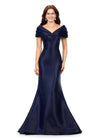 Navy ASHLEYlauren 11300 Elegant Off Shoulder Mermaid Gown in Phantom Satin with Pleated Detail, Fitted Silhouette, and Sweep Train