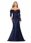 Navy ASHLEYlauren 11324 Elegant Off Shoulder Fitted Mermaid Gown in Phantom Satin with Statement Ruffle Detail at the Hip