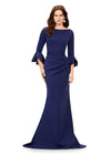 Navy ASHLEYlauren 11325 Timeless Evening Gown with Scoop Neckline, Flutter Three Quarter Length Sleeves, Ruched Detailing, and Flowing Sweep Train