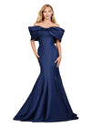 Navy ASHLEYlauren 11413 Elegant Off Shoulder Mermaid Gown in Double Faceted Satin with Statement Oversized Bow Neckline