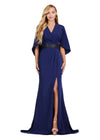 Navy ASHLEYlauren 11416 Elegant Crepe Gown with Ruched V-Neckline, Sparkling Beaded Belt, Modern Overlay, and Left Leg Slit