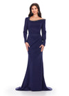 Navy ASHLEYlauren 11450 Chic Long Sleeve Scuba Gown with Asymmetrical Off Shoulder Beaded Neckline and Flattering Ruched Hip Detailing