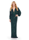 Navy ASHLEYlauren 11490 Elegant Fully Beaded Gown with Deep V-Neckline, Flowing Dolman Sleeves, and Glamorous Silhouette