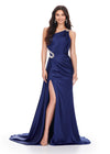 Navy ASHLEYlauren 11537 one shoulder satin gown featuring a ruched bustier, beaded crystal straps and waist accents, and a draped side skirt for an elegant, glamorous finish.
