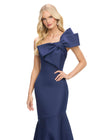 Navy ASHLEYlauren 11696 Glamorous One Shoulder Satin Gown with Statement Oversized Bow, Asymmetrical Fit and Flare Silhouette, and Mermaid Skirt