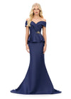 Navy ASHLEYlauren 11710 – A sophisticated satin gown featuring a draped off-shoulder neckline with ruffles and beaded details, finished with a flattering mermaid silhouette and peplum design. Perfect for any elegant event.