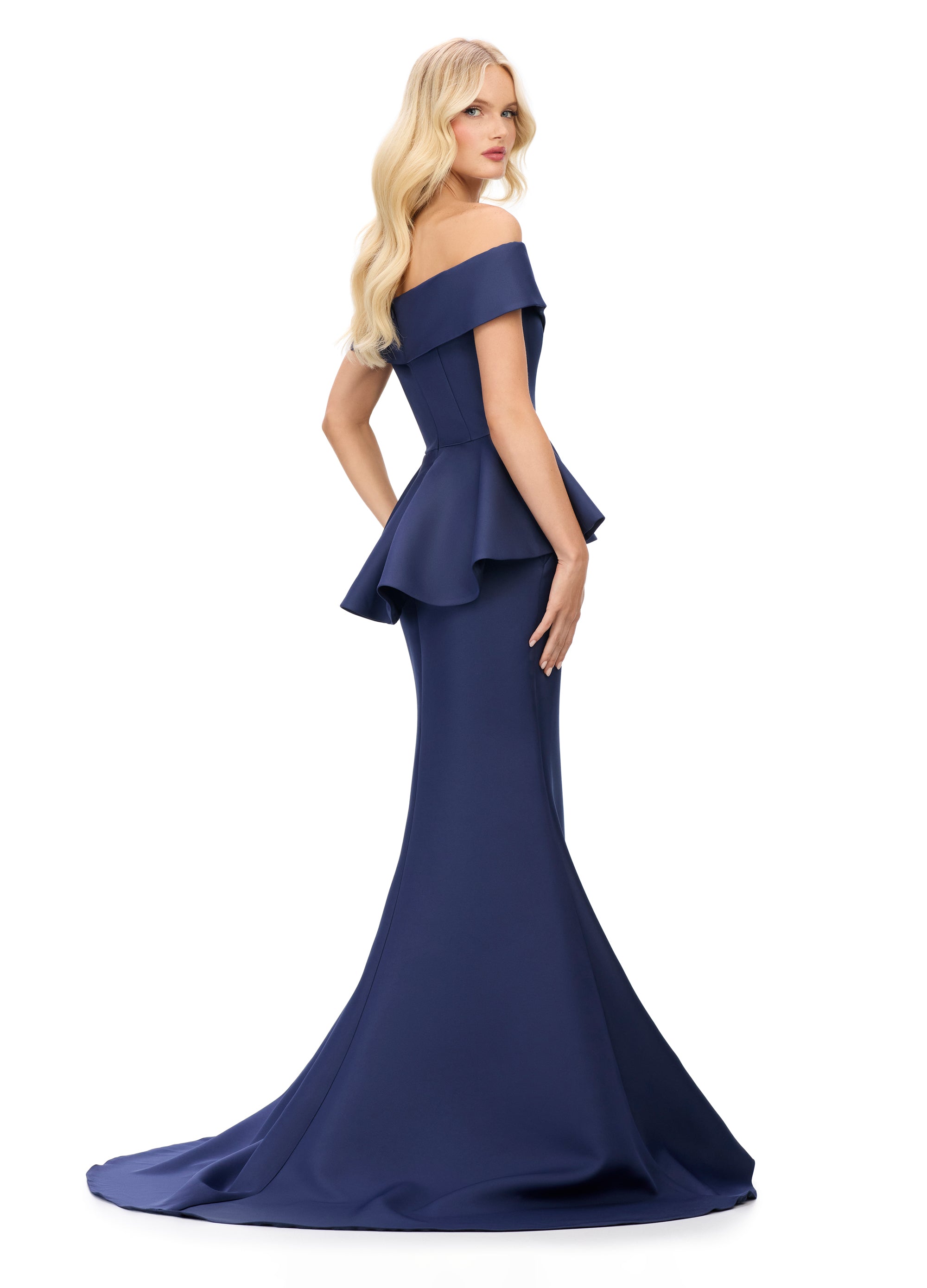 Back - Navy ASHLEYlauren 11710 – A sophisticated satin gown featuring a draped off-shoulder neckline with ruffles and beaded details, finished with a flattering mermaid silhouette and peplum design. Perfect for any elegant event.