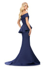 Back - Navy ASHLEYlauren 11710 – A sophisticated satin gown featuring a draped off-shoulder neckline with ruffles and beaded details, finished with a flattering mermaid silhouette and peplum design. Perfect for any elegant event.