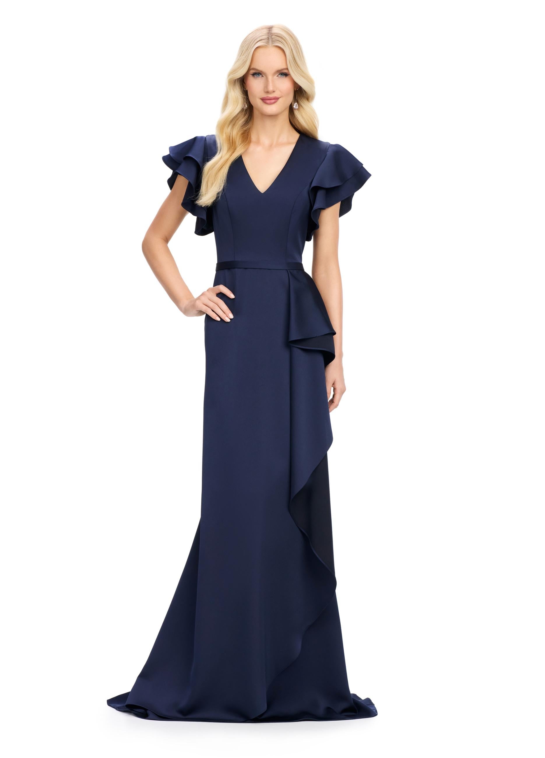Navy ASHLEYlauren 11737 Elegant Crepe Gown with V-Neckline, Statement Draped Ruffle Shoulder, Wrap Skirt, and Flowing Side Ruffle Detail