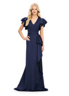 Navy ASHLEYlauren 11737 Elegant Crepe Gown with V-Neckline, Statement Draped Ruffle Shoulder, Wrap Skirt, and Flowing Side Ruffle Detail