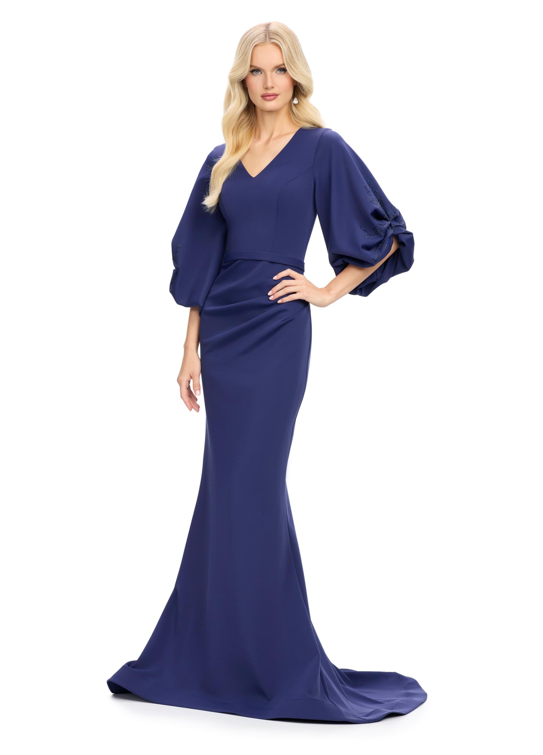 Navy ASHLEYlauren 11740 Timeless Fitted Scuba Gown with Elegant V-Neckline, Embellished Balloon Sleeves, Press On Stone Accents, and Wrap Skirt Design