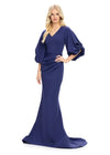 Navy ASHLEYlauren 11740 Timeless Fitted Scuba Gown with Elegant V-Neckline, Embellished Balloon Sleeves, Press On Stone Accents, and Wrap Skirt Design
