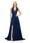 Navy ASHLEYlauren 11753 chiffon gown with structured halter neckline, A-line skirt, and elegant right leg slit — the perfect blend of edge and grace.