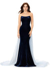 Navy/Sky ASHLEYlauren 11311 stretch velvet gown featuring a strapless sweetheart bustier, crystal-embellished organza overskirt, and cascading crystal details for an elegant and luxurious look.