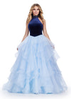 Navy/Sky ASHLEYlauren 11562 Halter Neck Velvet Bustier Ball Gown with Beaded Choker and Dramatic Ruffled Organza Skirt